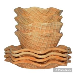 S/4 Williams Sonoma Dessert Plate Ceramic Waffle Cone Ice Cream Pastel Birthday